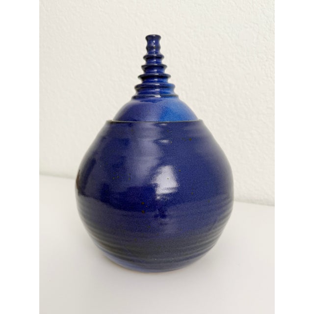 Late 20th Century Cobalt Blue Modernist Ceramic Lidded Pot, Artist Signed For Sale In Sacramento - Image 6 of 9