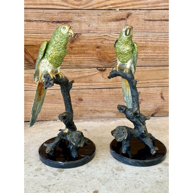 Late 20th Century Coastal Tropical Bronze Hand Painted Parrot Statues on Marble Bases-Pair For Sale - Image 11 of 12