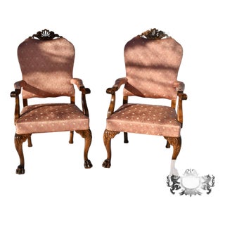 Antique Pair of Carved Walnut Italian Style Arm Chairs W/Claw Foot For Sale