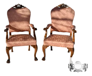 Antique Pair of Carved Walnut Italian Style Arm Chairs W/Claw Foot