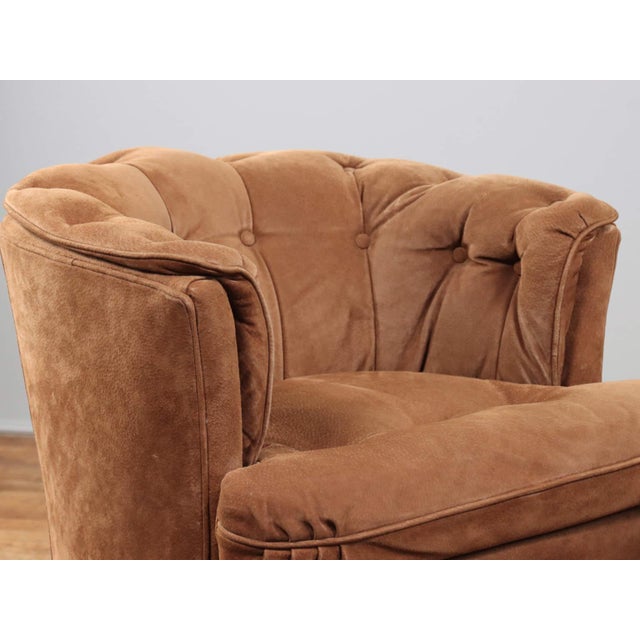 Pair of Mid 20th Century Full Grain Suede Leather Rolling Club Chairs For Sale - Image 4 of 13