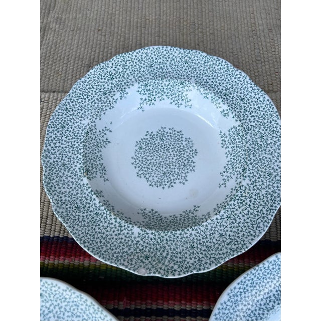 American Circa 1830s Green Transferware Staffordshire Soup Plates, "Fibre" Pattern- Set of 7 For Sale - Image 3 of 12