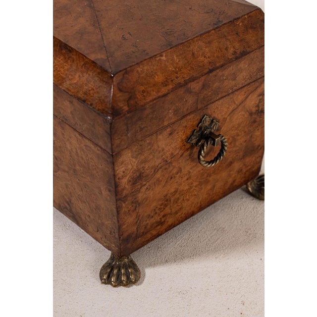 19th Century Antique Burl Walnut Tea Caddy With Claw Feet For Sale - Image 5 of 9