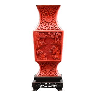 Antique Chinese Cinnabar Lacquer Scenic Vase on Carved Wood Stand For Sale