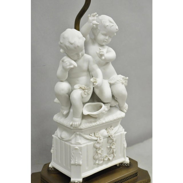 Figurative Antique French Parian Bisque Porcelain White Double Cherub & Shell Table Lamp For Sale - Image 3 of 13
