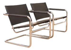 Rondo Cantilever Armchair with Tubular Steel Frame, Black Leather Seat and Back, Leather-Trimmed Armrests from Heinrich Pfalzberger, 1960, Set of 2