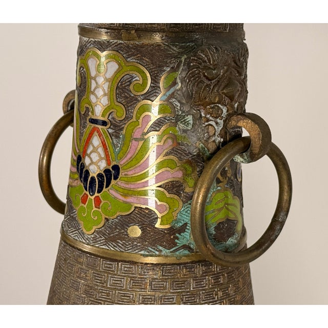 Mid 20th Century Chinese Cloisonne Brass Vase Table Lamp With Figural and White Elephant Decoration For Sale - Image 12 of 15