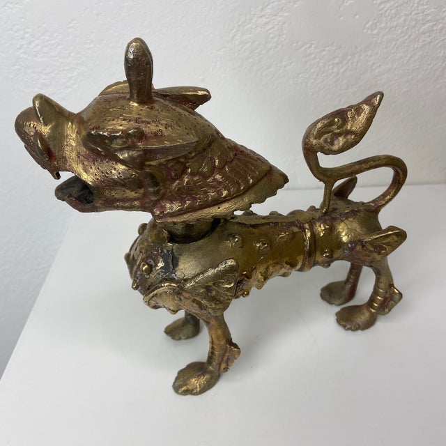 Hollywood Regency Mid-Century Tibetan Brass or Bronze Guardian Lion Foo Dog Sculpture For Sale - Image 3 of 10