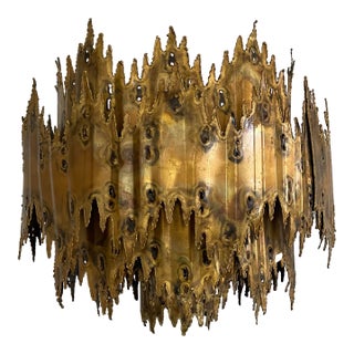 Vintage Tom Greene for Feldman Brutalist Flame Brass Chandelier Lighting Fixture For Sale