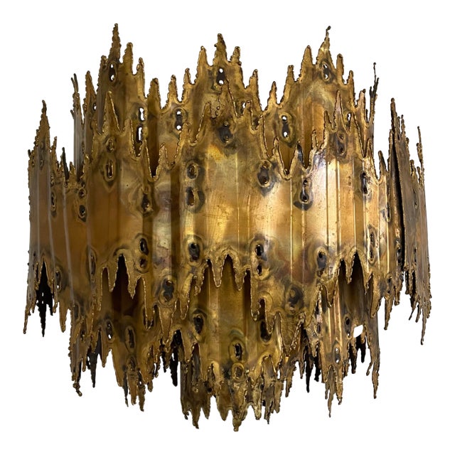 Vintage Tom Greene for Feldman Brutalist Flame Brass Chandelier Lighting Fixture For Sale