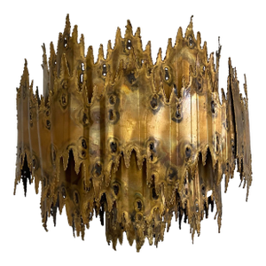 Vintage Tom Greene for Feldman Brutalist Flame Brass Chandelier Lighting Fixture