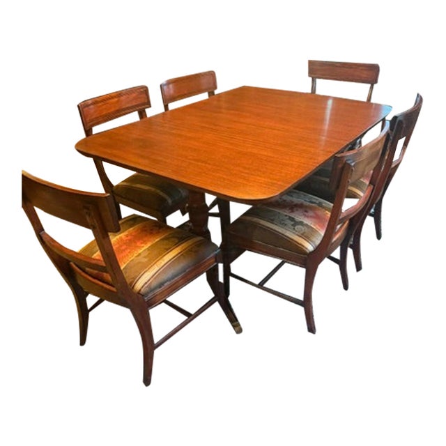 Early 1900s Drexel Durham Mahogany Dining Set - Duncan Phyfe Style - Table W/ 3 Leaves + Captains Chair + 5 Side Chairs For Sale