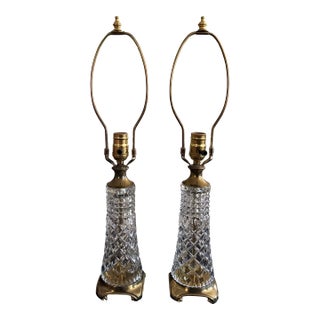 Vintage Crystal and Brass Table Lamps, a Pair For Sale