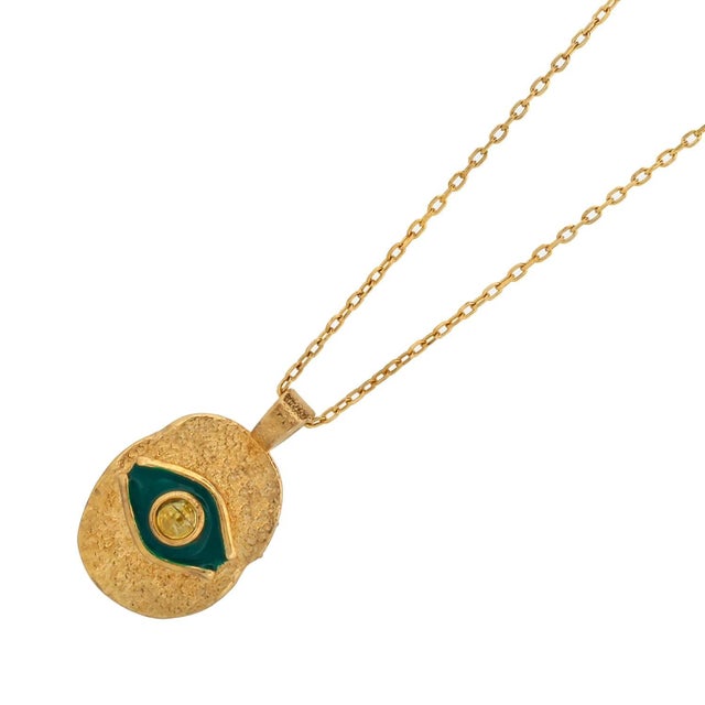 Green Enamel Evil Eye Gold Pendant Happiness Necklace For Sale In Miami - Image 6 of 9