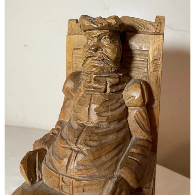 Antique Hand Carved Seated Figural Seated Man Wood Sculpture Statue Folk Art For Sale In New York - Image 6 of 10