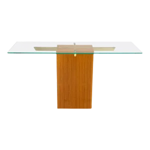 Danish Mid-Century Modern Teak Brass Glass Top Pedestal Base Console Sofa Table