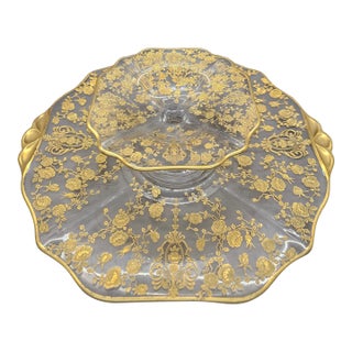 Vintage Cambridge Glass Serving Set Featuring the "Rose Point" Gold Encrusted Pattern. For Sale