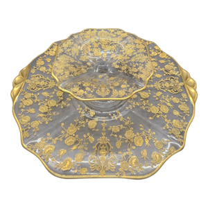 Vintage Cambridge Glass Serving Set Featuring the "Rose Point" Gold Encrusted Pattern.