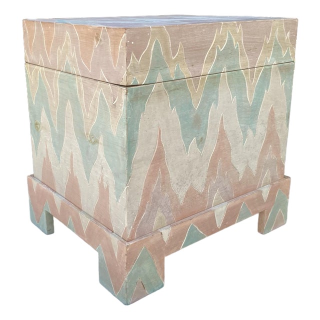 Vintage Hand-Painted Flame Chevron Wood Box on Stand For Sale