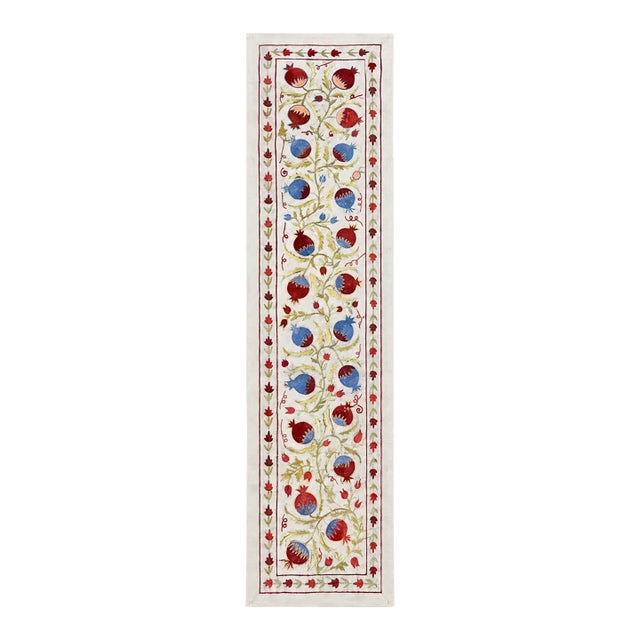 Ivory Silk Suzani Table Runner With Pomegranates For Sale
