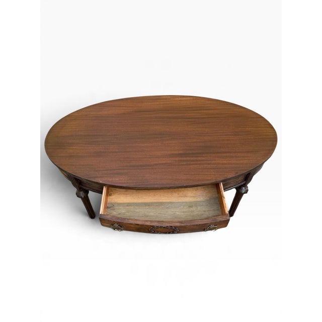 Brown Vintage Refinished Oval Mahogany Frame Coffee Table With Storage Drawer and Carved Details For Sale - Image 8 of 11