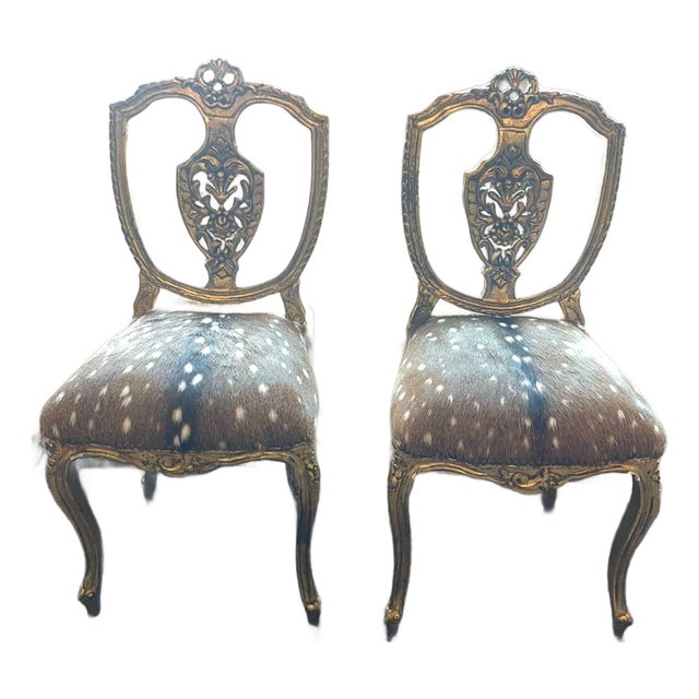 Pair of Antique Louis Gilded Chairs With Hide Upholstery For Sale