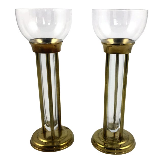 1960s Mid-Century Modern Glass and Brass Vases or Candle Holders - a Pair For Sale