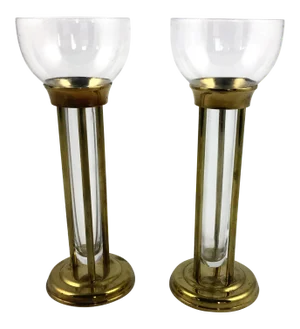 1960s Mid-Century Modern Glass and Brass Vases or Candle Holders - a Pair
