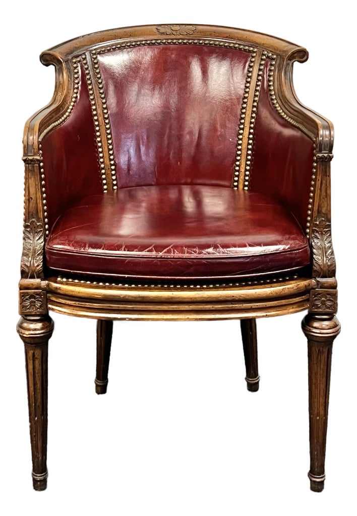 Louis XVI Style Leather Barrel Back Library Chair