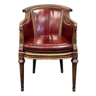 Louis XVI Style Leather Barrel Back Library Chair For Sale
