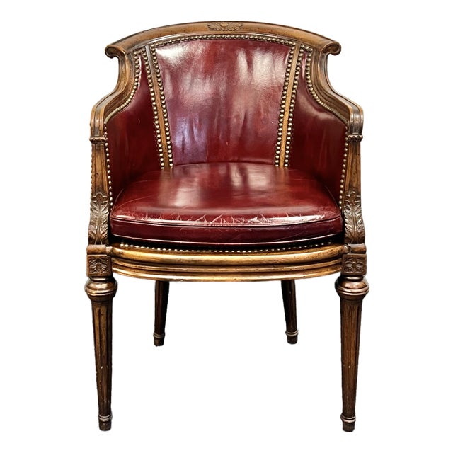 Louis XVI Style Leather Barrel Back Library Chair For Sale