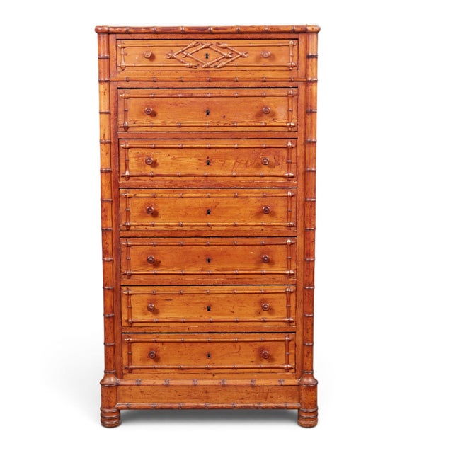 Chinoiserie 19th Century French Faux Bamboo Semainier Commode–Seven-Drawer Pine Chest For Sale - Image 3 of 11