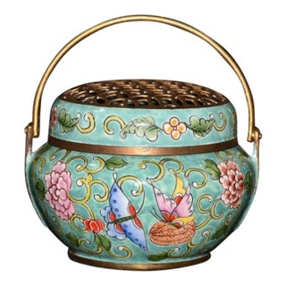 Late 19th Century Cloisonné Enamel Hand Warmer With Butterfly Motif, 270g For Sale
