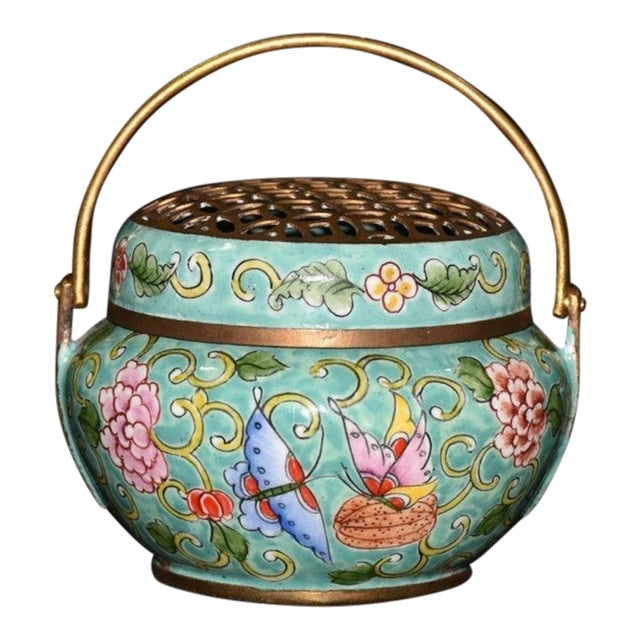Late 19th Century Cloisonné Enamel Hand Warmer With Butterfly Motif, 270g For Sale