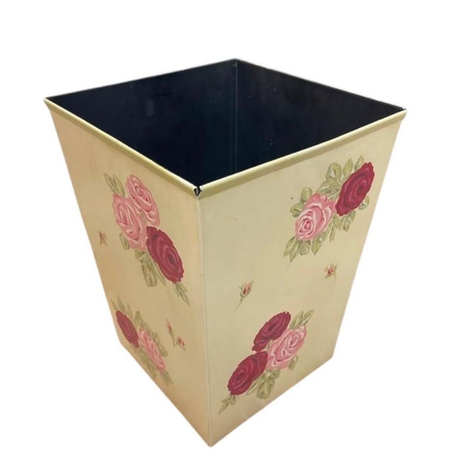 2000 - 2009 Vintage Hand-Painted Floral Metal Wastebasket For Sale - Image 5 of 12