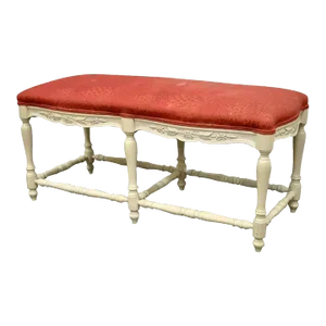 Late 20th Century Vintage French Country Style White Carved Wood 6 Leg Upholstered Window Bench