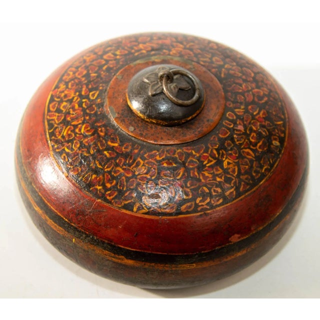 Vintage Asian Red and Black Painted Wooden Round Lidded Box With Metal Ring Handle For Sale - Image 4 of 17