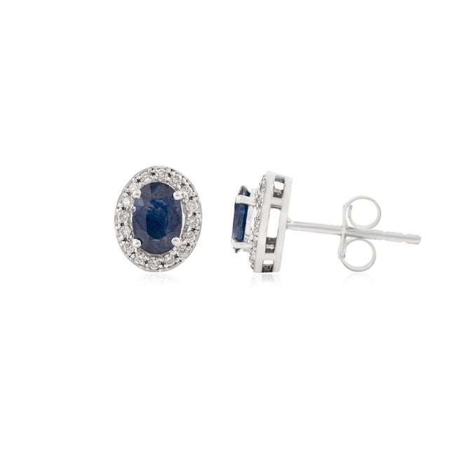 Art Deco Elegant 1 Ct Natural Blue Sapphire and Diamond Halo Stud Earrings in 14k Gold- A Pair For Sale - Image 3 of 12