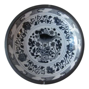 Blue & White Chinoiserie Shallow Bowl With Fish and Flowers