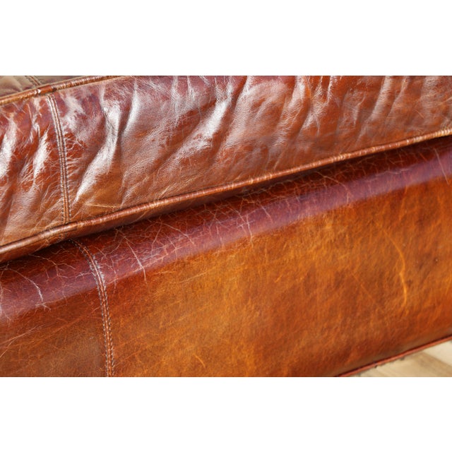Vintage Art Deco Distressed Brown Leather Three-Seat Sofa With Mustache Back For Sale - Image 9 of 18
