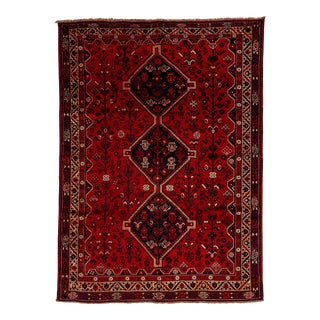 1960s Red Persian Shiraz Handmade Wool Rug With Tribal Motif For Sale
