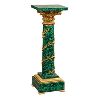 French Rococo-Style Green Pedestal – Gilded Gold Leaf Details With Ornate Display Top For Sale