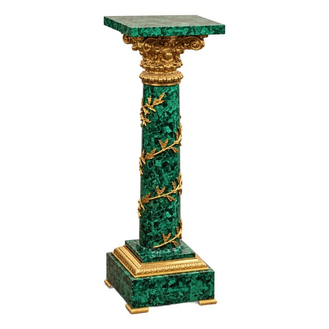 French Rococo-Style Green Pedestal – Gilded Gold Leaf Details With Ornate Display Top For Sale