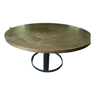 Arhaus Round Dining Table-Solid Parquet Wood Top & Iron Ring Base For Sale