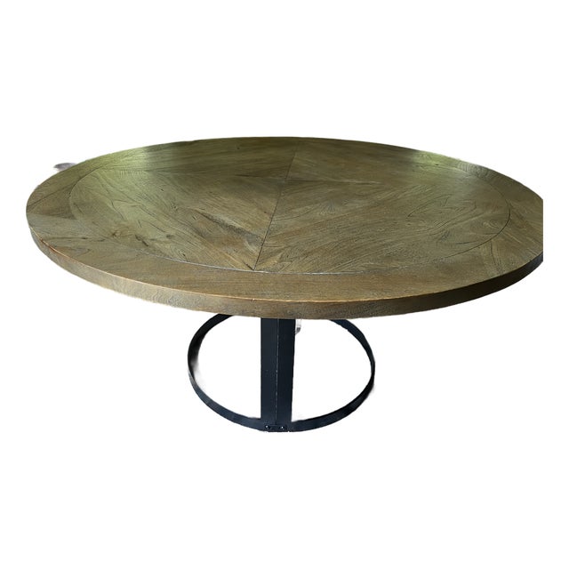 Arhaus Round Dining Table-Solid Parquet Wood Top & Iron Ring Base For Sale