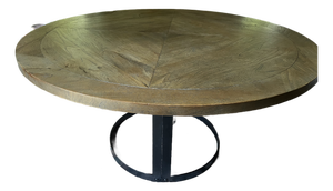 Arhaus Round Dining Table-Solid Parquet Wood Top & Iron Ring Base