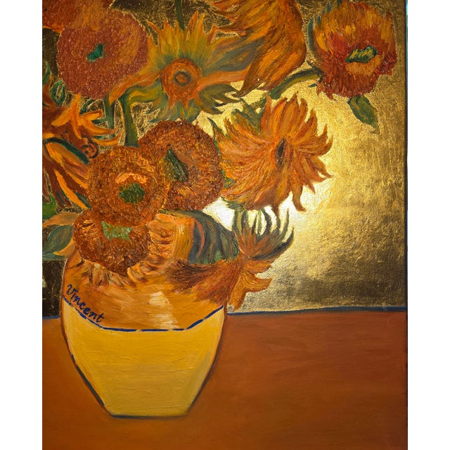 Contemporary Fine Art Sunflowers Hand Painted in Oils With Gold Leaf on Canvas For Sale - Image 9 of 18