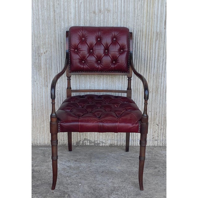Set of Ten Restored Early 20th Century Chesterfield Hardwood Red Leather Dining Armchairs For Sale - Image 17 of 18