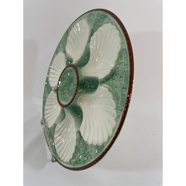 1930s French Longchamp Green and White Majolica Oyster Plate For Sale - Image 14 of 16