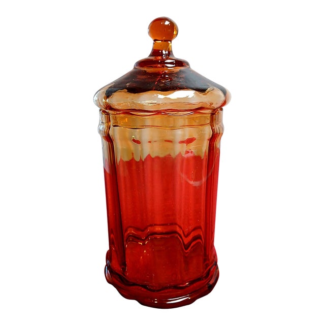 Vintage Empoli Optic Glass Apothecary Jar With Circus Tent Lid, MCM For Sale